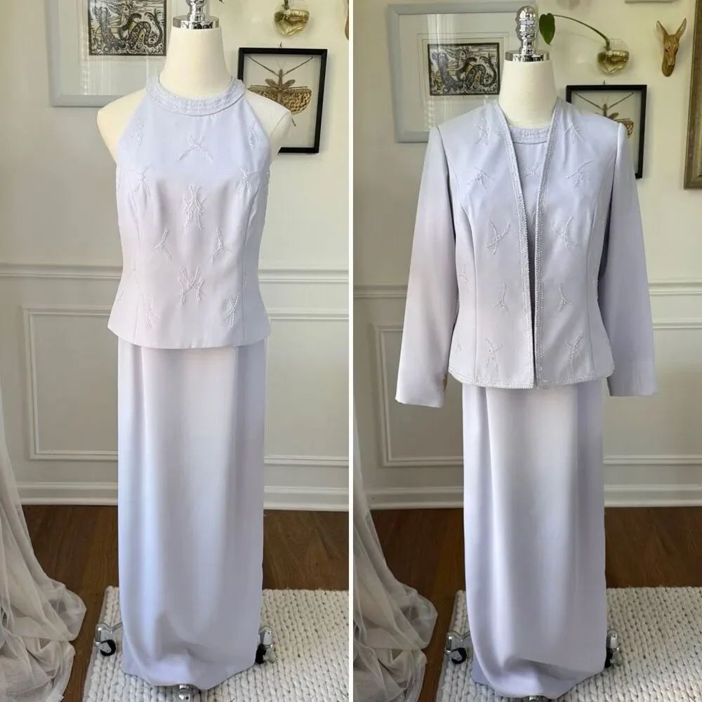 Vintage 90s Y2K Karen Miller 2 Piece Beaded Gown Dress Jacket Lavender 4 Petite